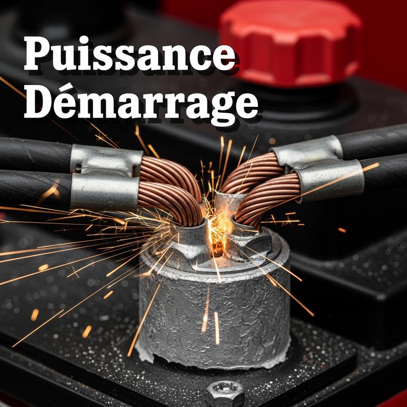 Gros plan d'une borne positive rouge de batterie reliée à d'épais câbles en cuivre avec étincelles. Texte superposé : Puissance Démarrage.