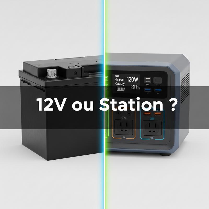 Écran partagé comparant une batterie de voiture 12V classique noire à une station d'énergie portable moderne. Bandeau avec le texte 12V ou Station ?