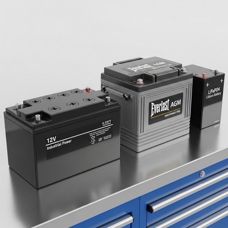 Trois batteries 12V (plomb noire, AGM grise, lithium verte) alignées sur un établi en acier avec le texte Plomb, AGM, Lithium