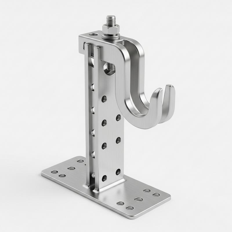 Crochet de toit universel réglable en inox pour panneaux solaires sur fond blanc, avec le texte Crochet Universel.