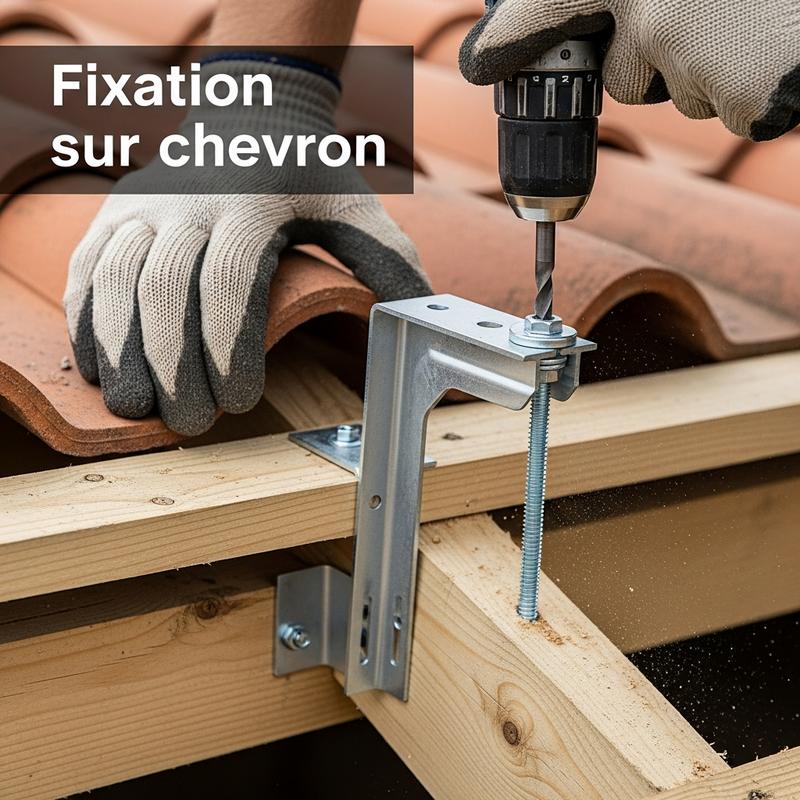 Mains gantées vissant un crochet solaire sur un chevron en bois sous une tuile soulevée. Texte : Fixation sur chevron.