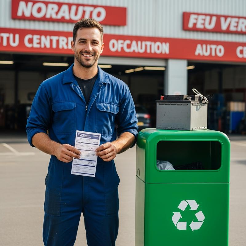 Mécanicien souriant tenant un bon d'achat devant un centre auto, à côté d'une batterie de voiture usagée et d'un bac de recyclage vert.