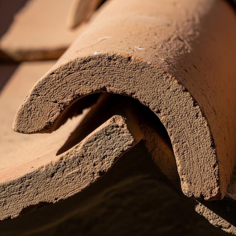 Gros plan du profil d'une tuile romane en terre cuite montrant son galbe profond, sa texture naturelle et son épaisseur.