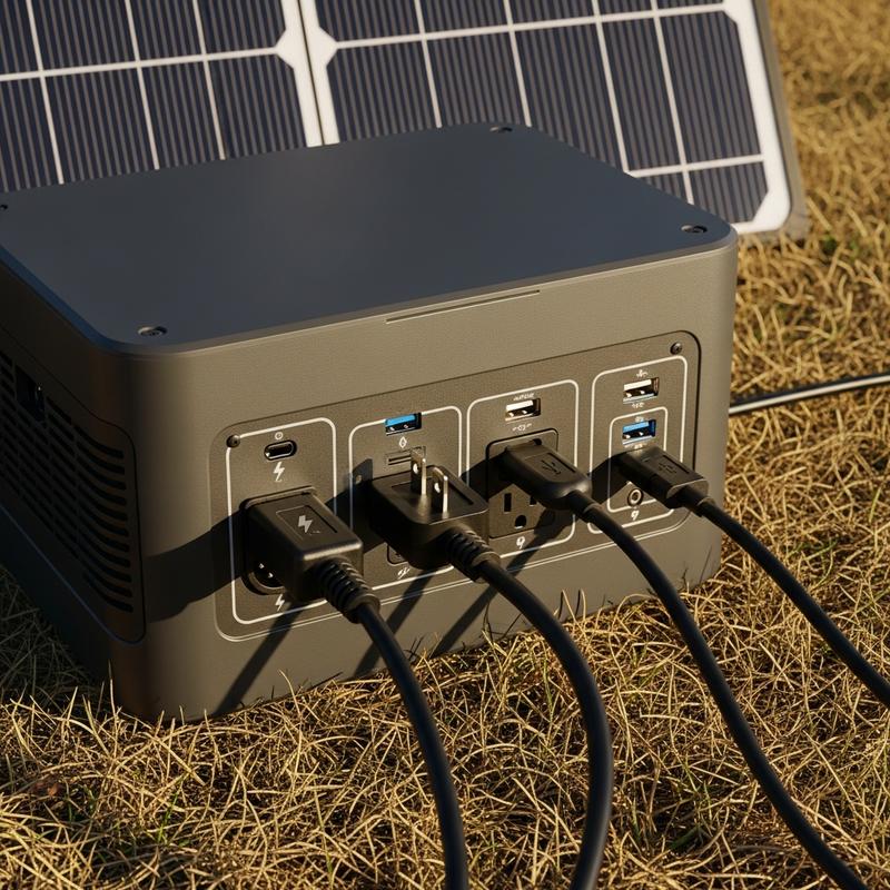 Station d'énergie portable gris foncé posée sur de l'herbe sèche, reliée par des câbles noirs à un panneau solaire pliable, avec la mention Solaire compatible.