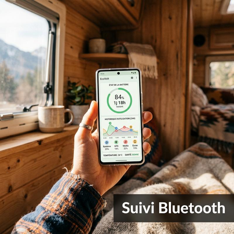 Main tenant un smartphone affichant une application de batterie dans un van en bois ensoleillé, avec le texte Suivi Bluetooth.