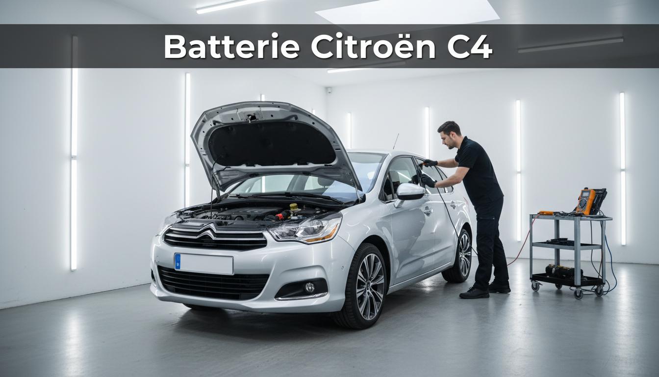 Mains de mécanicien gantées inspectant le compartiment moteur d'une Citroën C4 argentée dans un garage professionnel moderne.