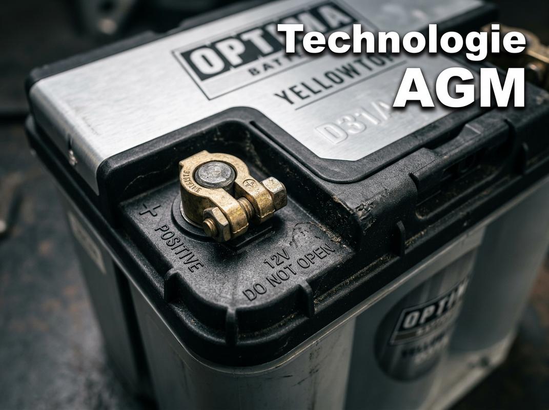 Gros plan sur la borne positive d'une batterie de voiture argentée haute performance avec l'inscription Technologie AGM en surimpression.