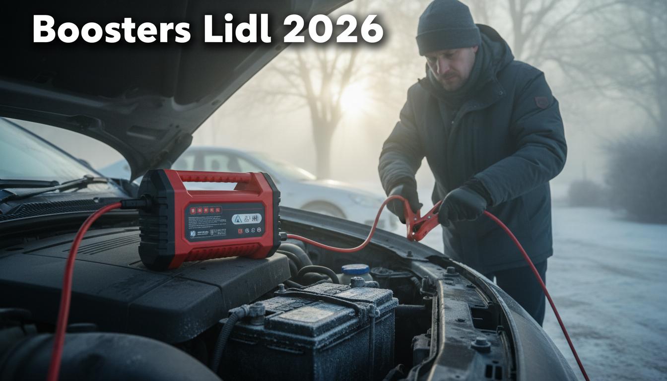 Booster de démarrage rouge et noir sur un moteur givré avec texte Boosters Lidl 2026 et personne branchant des câbles en arrière-plan.