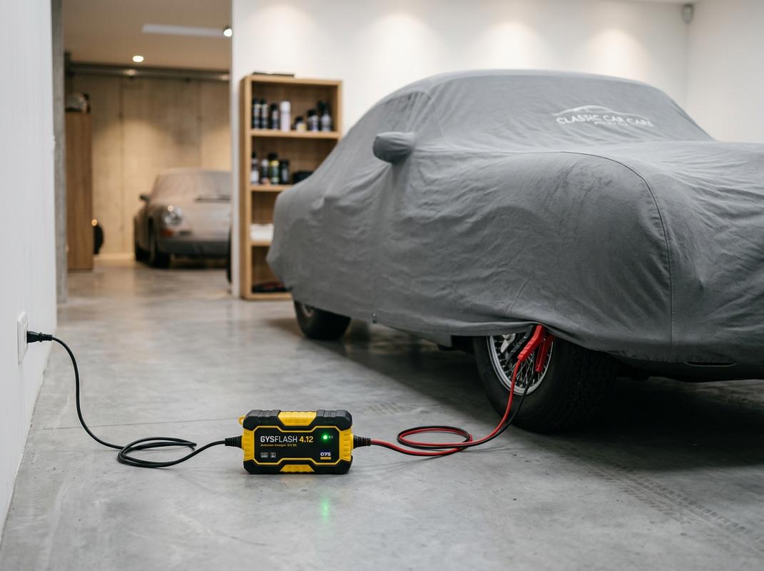 Un chargeur GYSFLASH 4.12 compact aux touches jaunes posé au sol et relié à une voiture de luxe protégée par une housse grise dans un garage éclairé.