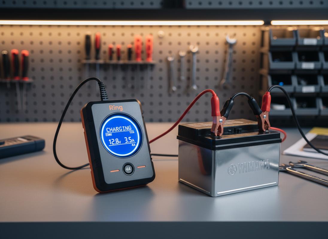 Chargeur intelligent Ring 4A compact avec son écran LCD rétroéclairé allumé branché sur une batterie de moto dans un garage ordonné.
