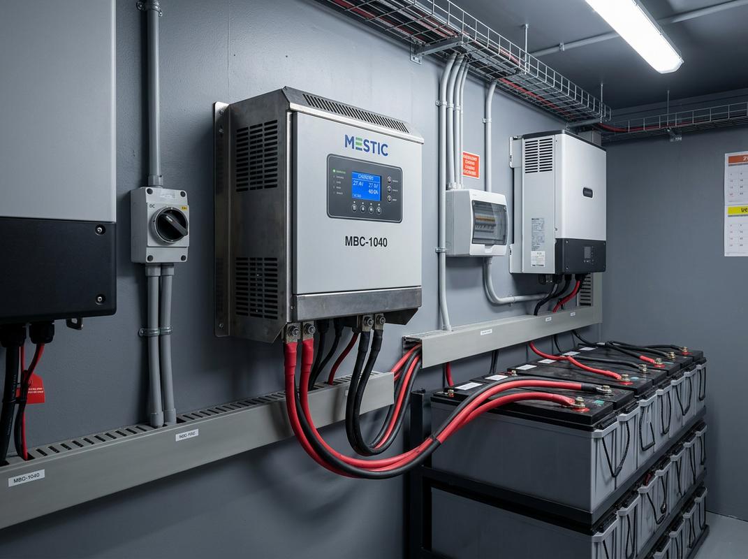 Chargeur industriel Mestic MBC-1040 avec grilles d'aération fixé sur un mur technique et raccordé à un parc de batteries par d'épais câbles électriques.