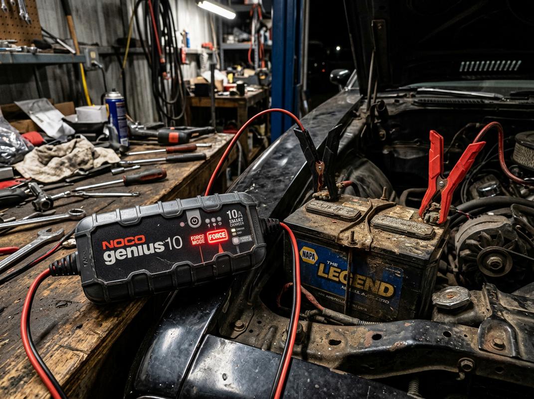 Un chargeur NOCO GENIUS10 robuste branché à une vieille batterie de voiture dans un atelier avec son voyant Force Mode allumé sous un éclairage contrasté.