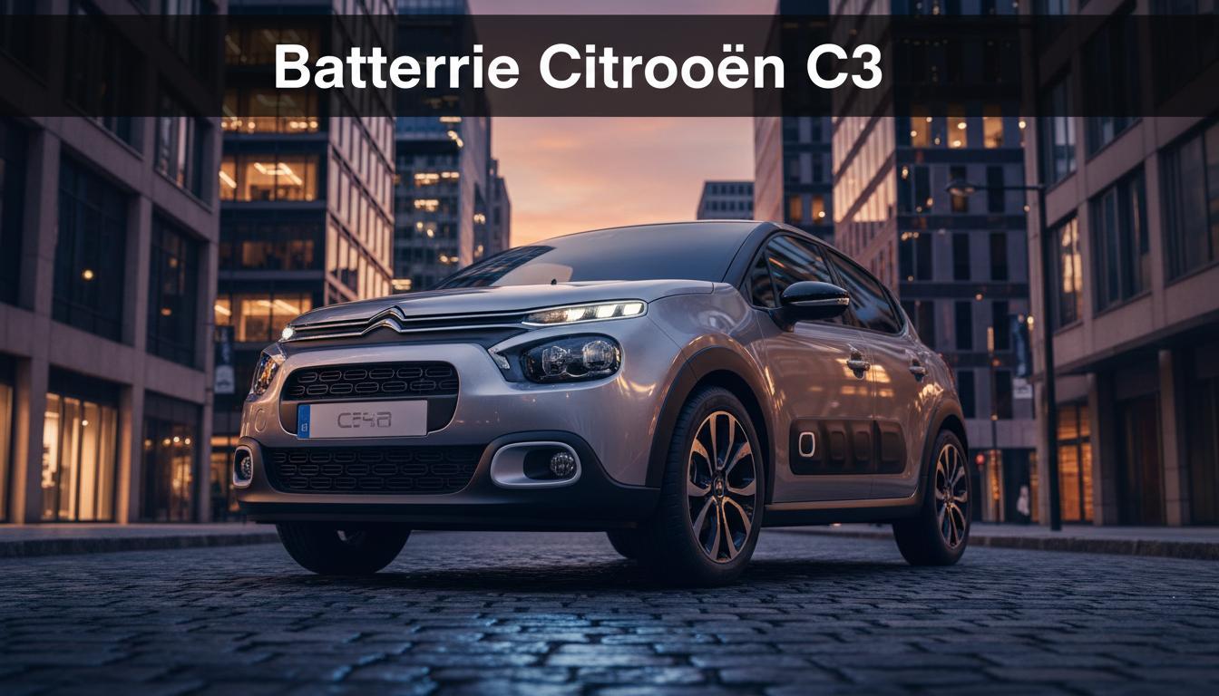 Citroën C3 compacte stationnée en ville au crépuscule, aura bleue sur le capot et bandeau texte Batterie Citroën C3.