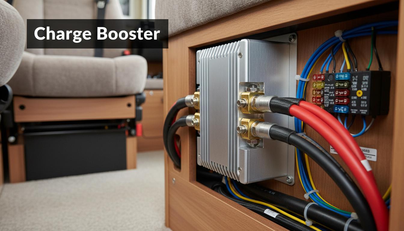 Chargeur booster DC-DC compact avec câblage ordonné sous un siège de camping-car et texte Charge Booster en surimpression.