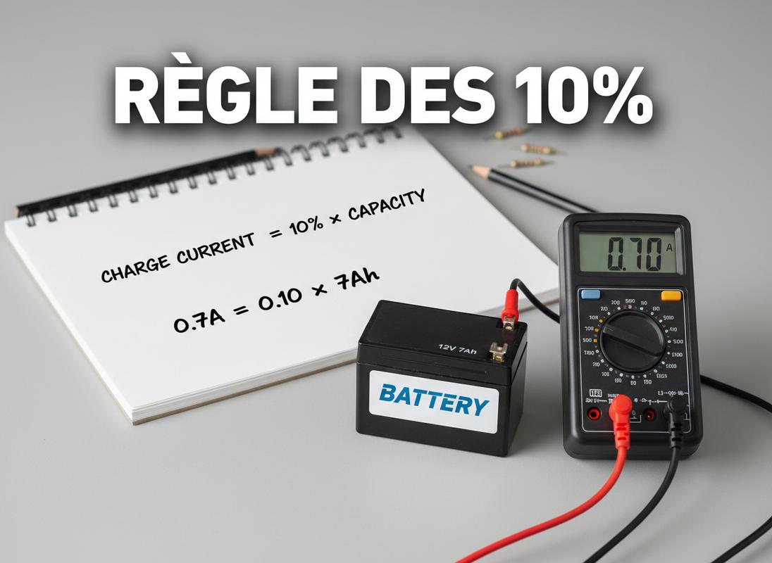 Un multimètre numérique affiche une mesure précise sur un établi près d'une batterie et d'un carnet de calculs, avec l'inscription textuelle RÈGLE DES 10%.