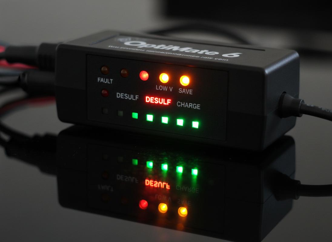 Un chargeur OptiMate 6 affiche ses indicateurs LED de diagnostic et de désulfatation sur une interface technique posée sur une surface sombre et réfléchissante.