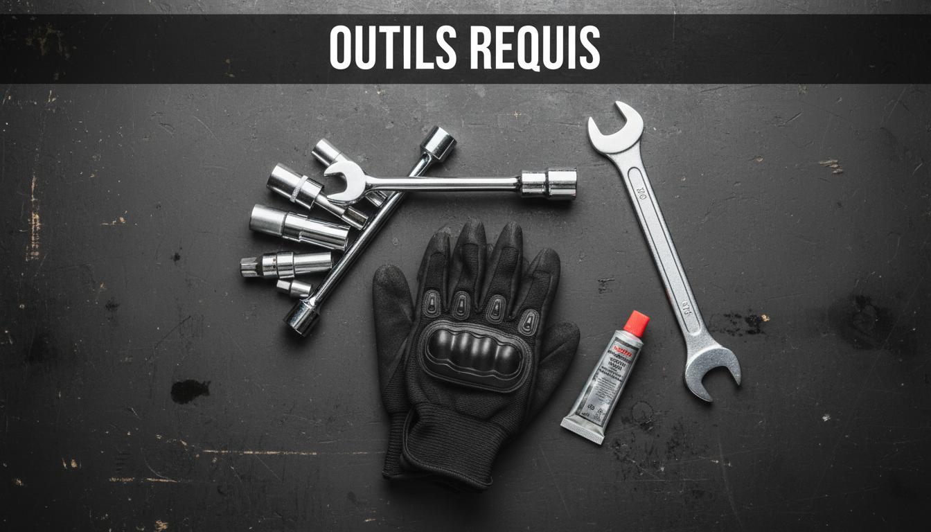 Clé à douille, clé plate, gants de travail et graisse sur un établi sombre, avec l'en-tête Outils Requis pour le guide Citroën C4.