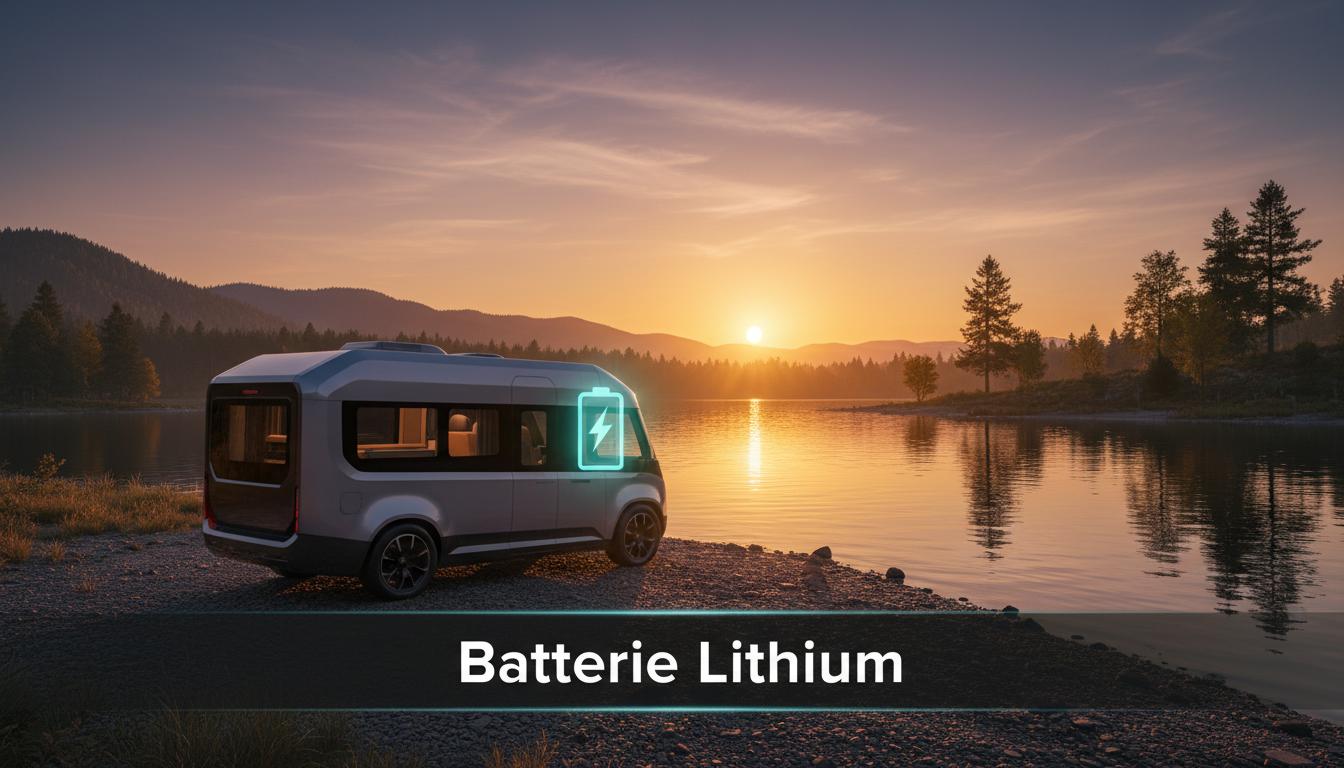 Van aménagé moderne stationné au bord d'un lac paisible à l'heure dorée avec une icône de batterie holographique et le texte Batterie Lithium.