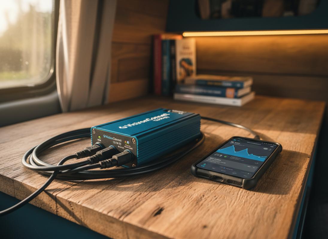 Un chargeur Victron Blue Smart bleu posé sur du bois à côté d'un smartphone montrant les graphiques de charge bleus de l'application VictronConnect.