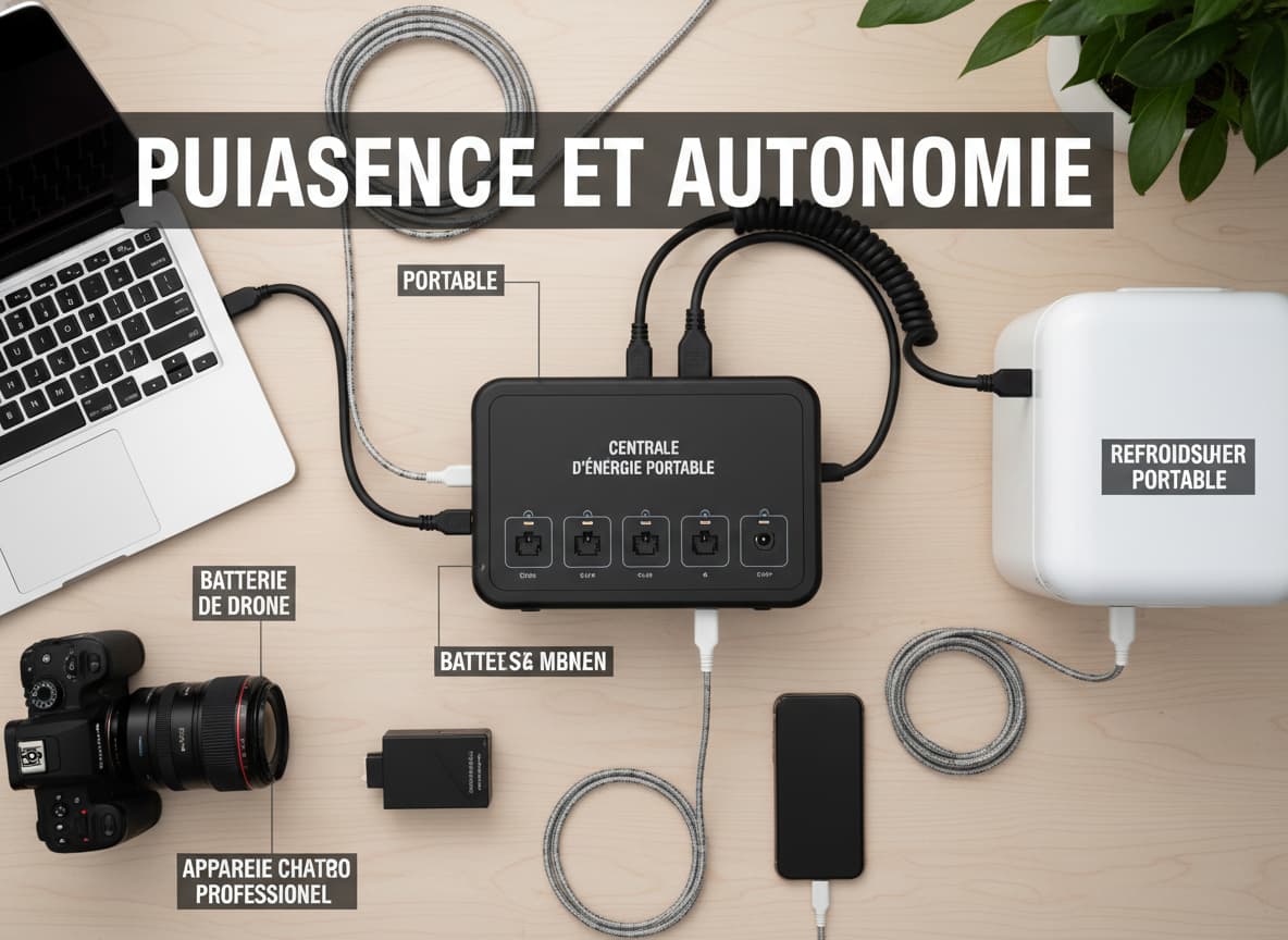 Vue plongeante sur un espace de travail organisé avec un ordinateur portable, un appareil photo professionnel, un petit réfrigérateur portable et une batterie de drone, tous branchés sur une station d'énergie centrale, avec un texte superposé 'PUISSANCE ET AUTONOMIE'.