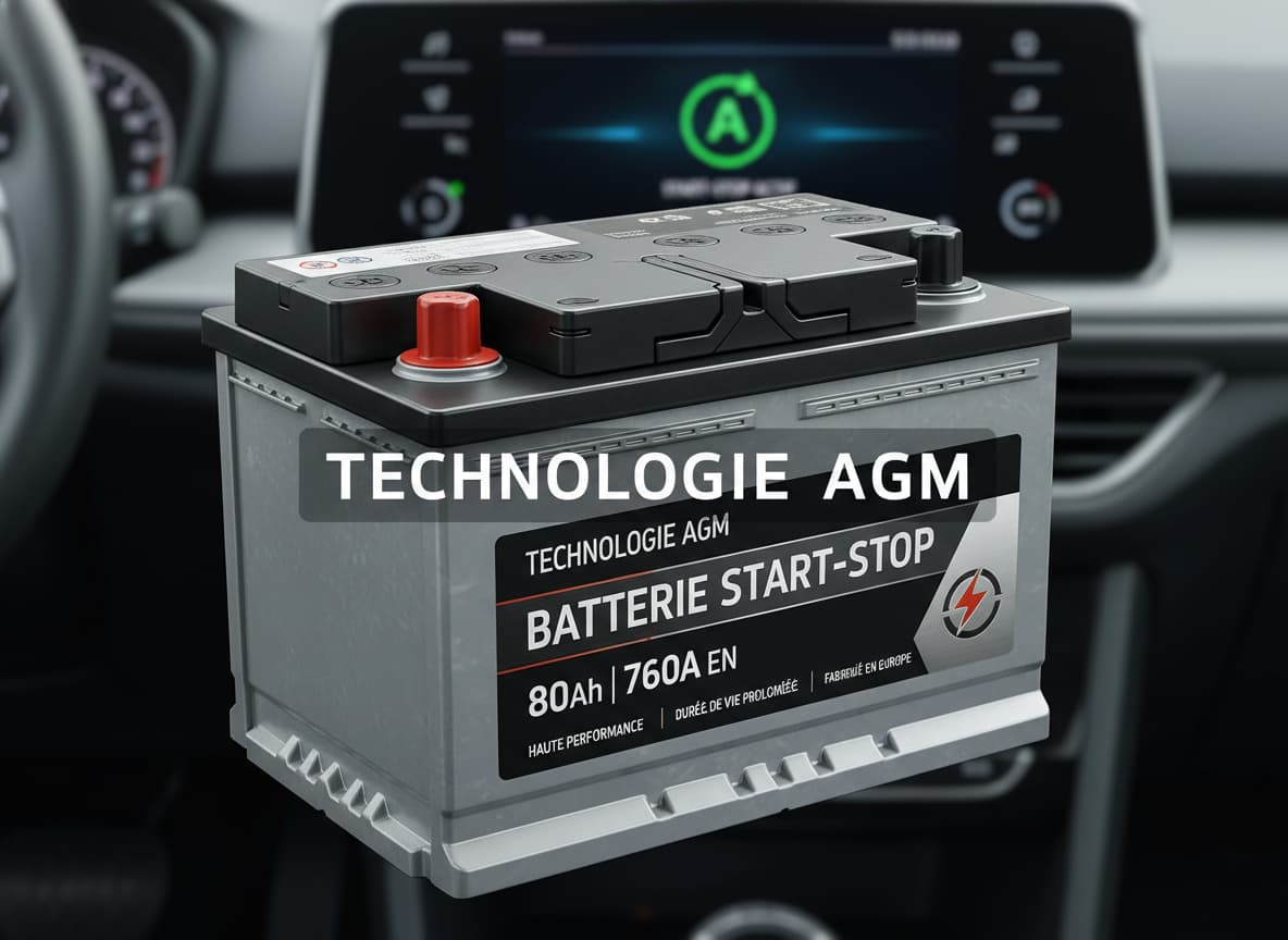 Gros plan d'une batterie AGM haut de gamme de couleur argent et noir, avec une capacité de 80 Ah et un courant de 760 A, un tableau de bord flou en arrière-plan affichant le voyant vert Start-Stop, et le texte 'TECHNOLOGIE AGM' superposé.