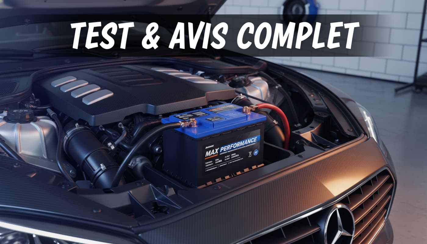 Batterie automobile Max Performance installée dans le compartiment moteur d'une voiture moderne, sous un éclairage professionnel mêlant tons bleus froids et oranges chauds, dans un garage high-tech propre.