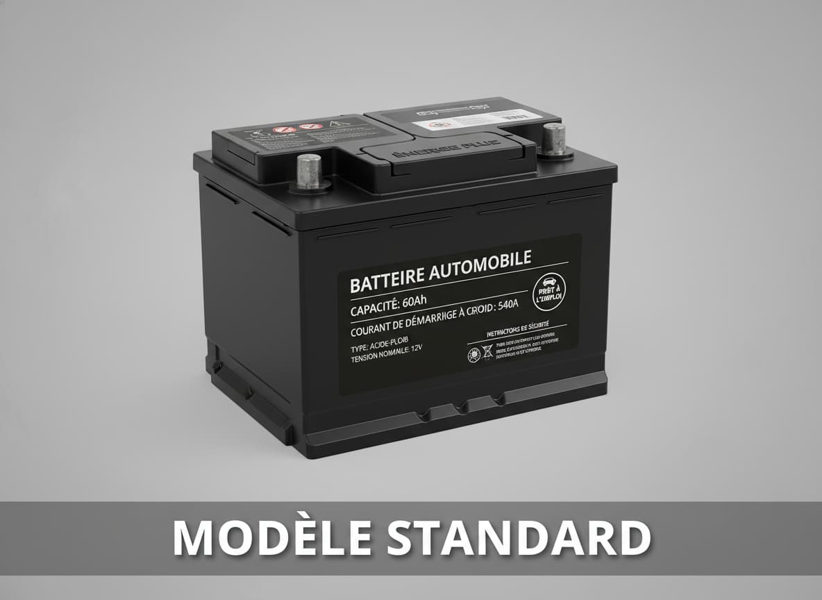Batterie automobile noire sur fond gris neutre, avec l'inscription 'MODÈLE STANDARD' en surimpression et des étiquettes indiquant 60 Ah et 540 A.