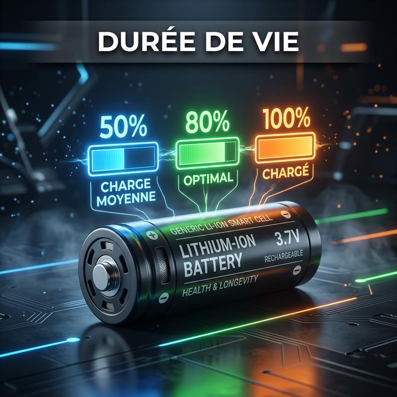 Une batterie lithium 3D est surmontée d'indicateurs de charge à 50% bleu, 80% vert et 100% orange dans un studio sombre avec l'inscription Durée de vie.