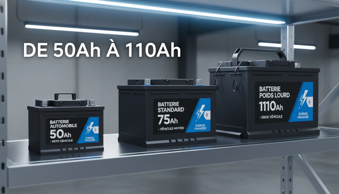 Trois batteries de voiture de tailles croissantes alignées sur une étagère industrielle, avec des étiquettes en français indiquant les capacités de 50Ah à 110Ah, et un texte superposé 'DE 50Ah À 110Ah'.