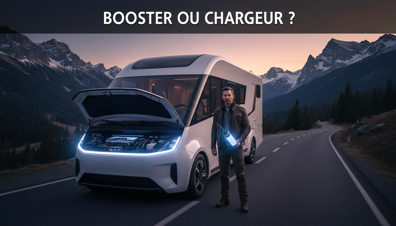 Conducteur utilise un booster de batterie portable devant un camping-car blanc à moteur ouvert sur une route de montagne au crépuscule
