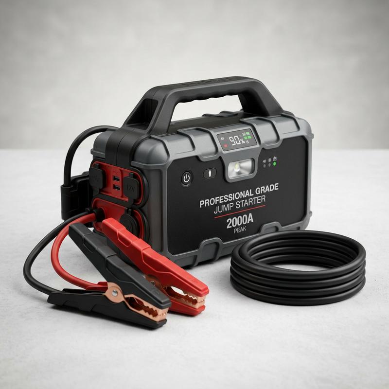 Booster de batterie portable professionnel au boîtier noir et gris robuste avec pinces de démarrage et câble épais dans un décor studio épuré.