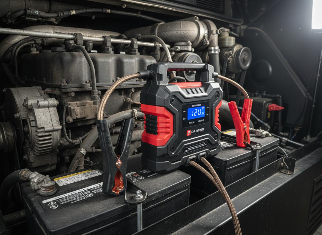 Booster de démarrage portable robuste installé dans le compartiment moteur d'un grand camping-car diesel, pinces en cuivre reliées aux bornes de la batterie.