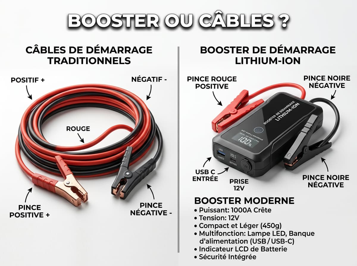 Comparaison côte à côte de câbles de démarrage rouges et noirs et d'un booster de démarrage lithium-ion compact, avec le texte 'BOOSTER OU CÂBLES ?' en incrustation.