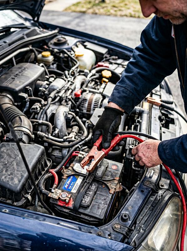 Mains branchant une pince crocodile rouge sur la borne positive d'une batterie de voiture dans un compartiment moteur flou en extérieur.