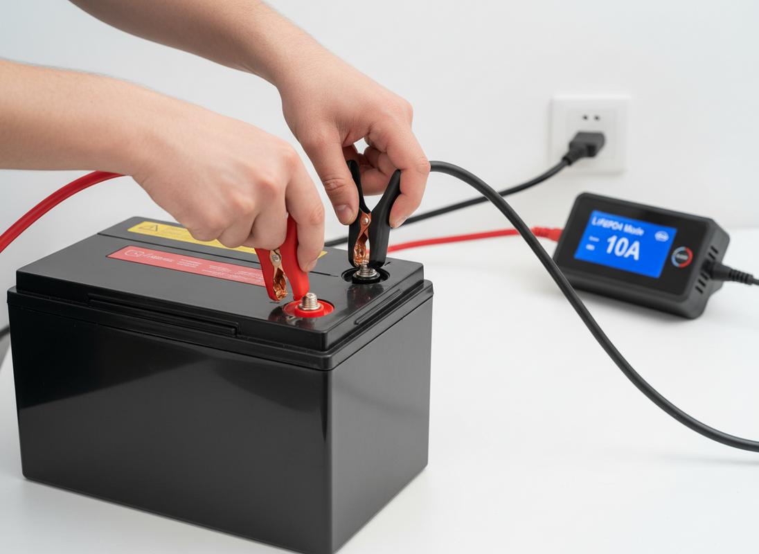 Pinces rouge et noire connectées aux bornes d'une batterie lithium devant un chargeur intelligent affichant l'ampérage sur son écran numérique.