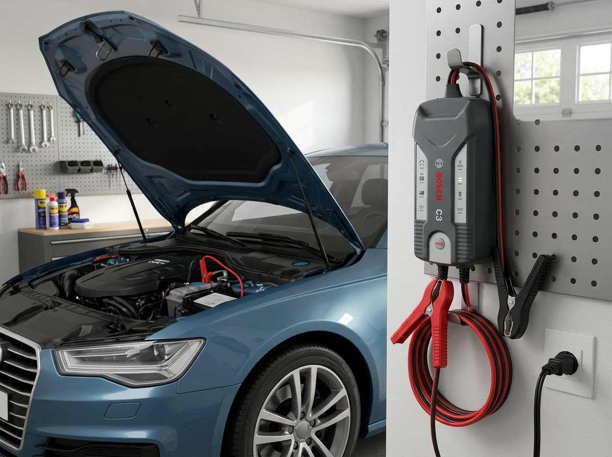 Un chargeur TecMate Optimate 4 posé à côté d'une batterie de moto lithium-ion moderne, avec voyants lumineux et symboles de diagnostic sur l'écran.