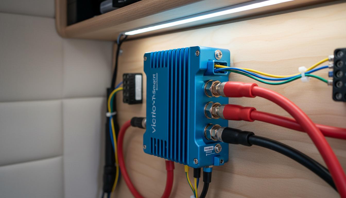 Chargeur DC-DC bleu de type Victron Orion-Tr Smart fixé sur un panneau électrique en bois avec un câblage industriel précis et des câbles rouges et noirs.