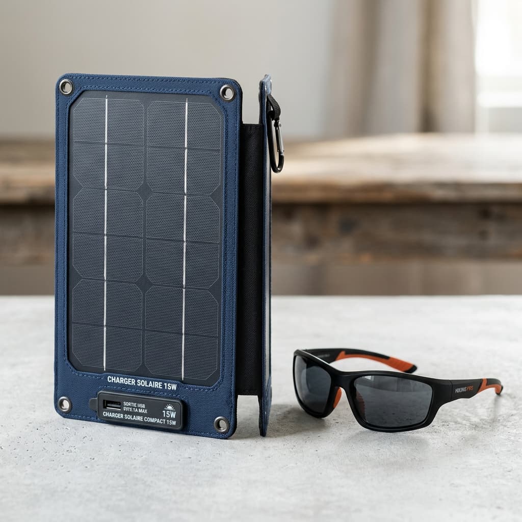 Chargeur solaire compact posé à côté de lunettes de soleil de randonnée sur fond neutre, éclairage professionnel.