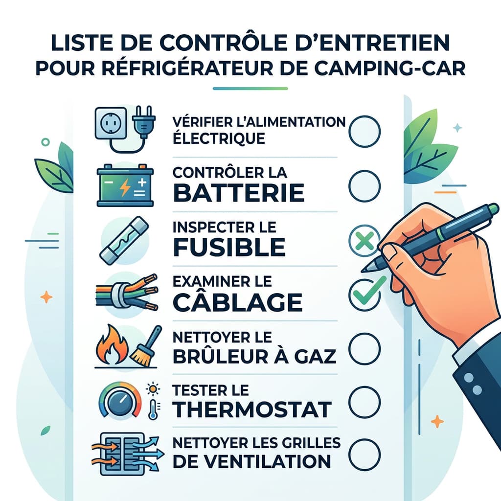 Une main coche une case sur une infographie de maintenance pour réfrigérateur de camping-car affichant des icônes de batterie, de fusible et de câblage.