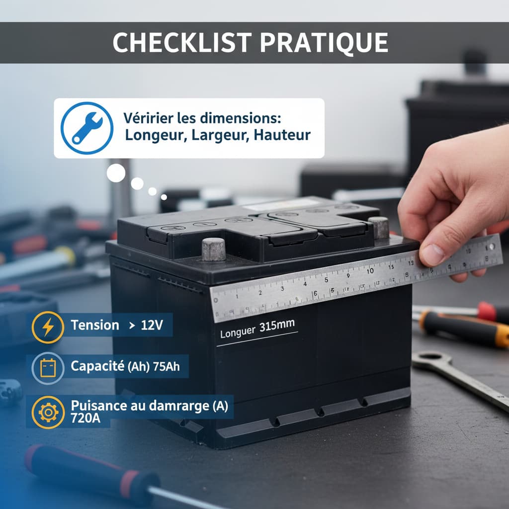 Une main tient une règle à côté d'une batterie de voiture pour vérifier ses dimensions, avec des icônes représentant la tension, la capacité en Ah et la puissance de démarrage en A, et le texte 'CHECKLIST PRATIQUE'.