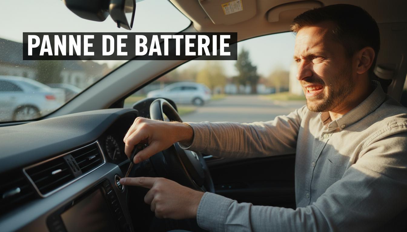 Un conducteur stressé tente de démarrer sa voiture avec une expression frustrée dans une lumière matinale avec l'inscription Panne de batterie en superposition.