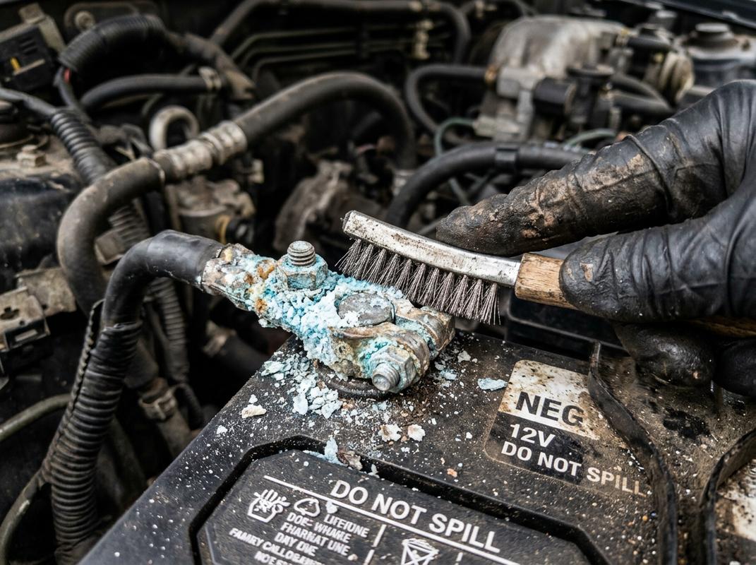 Cosse de batterie de voiture lourdement oxydée par des dépôts acides bleus et blancs brossée par un mécanicien portant des gants en nitrile noir.