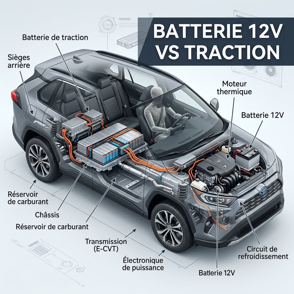 Schéma en coupe d'un véhicule hybride montrant la batterie de traction sous les sièges arrière et la batterie 12V dans le compartiment moteur, avec des légendes en français.