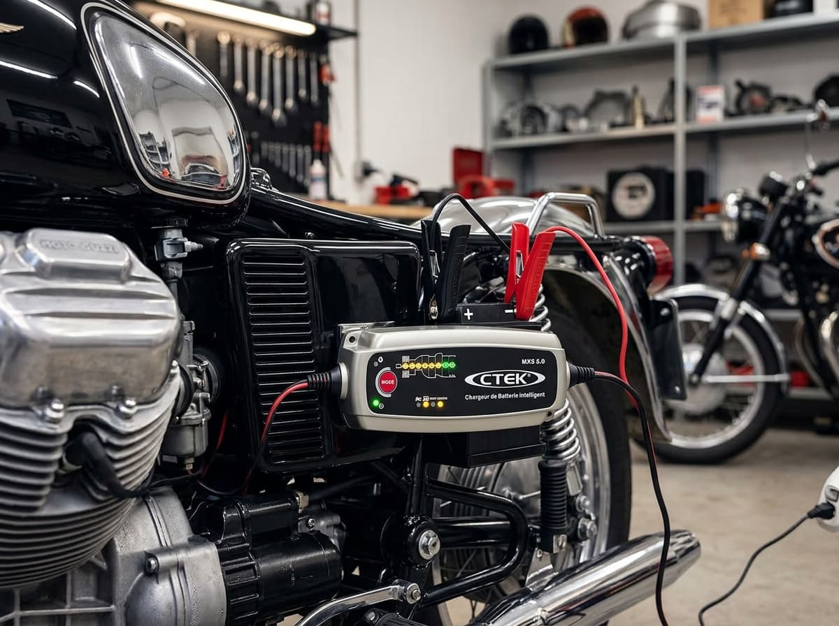Chargeur de batterie CTEK MXS 5.0 connecté à une moto classique dans un garage bien éclairé, écran LED affichant la progression de la charge.
