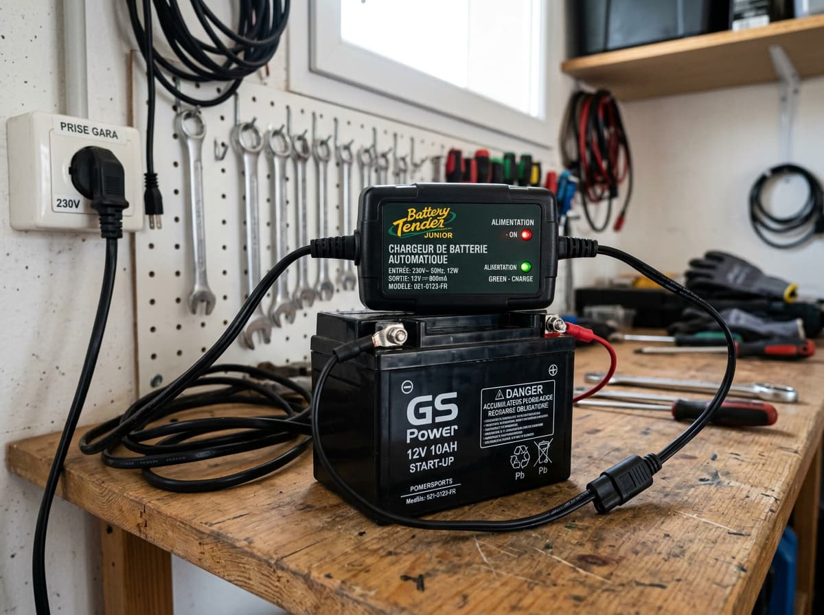 Un chargeur Schumacher SC1281 avec écran numérique affichant 'TENSION' et 'CHARGE', placé près d'un grand SUV dans un atelier professionnel.
