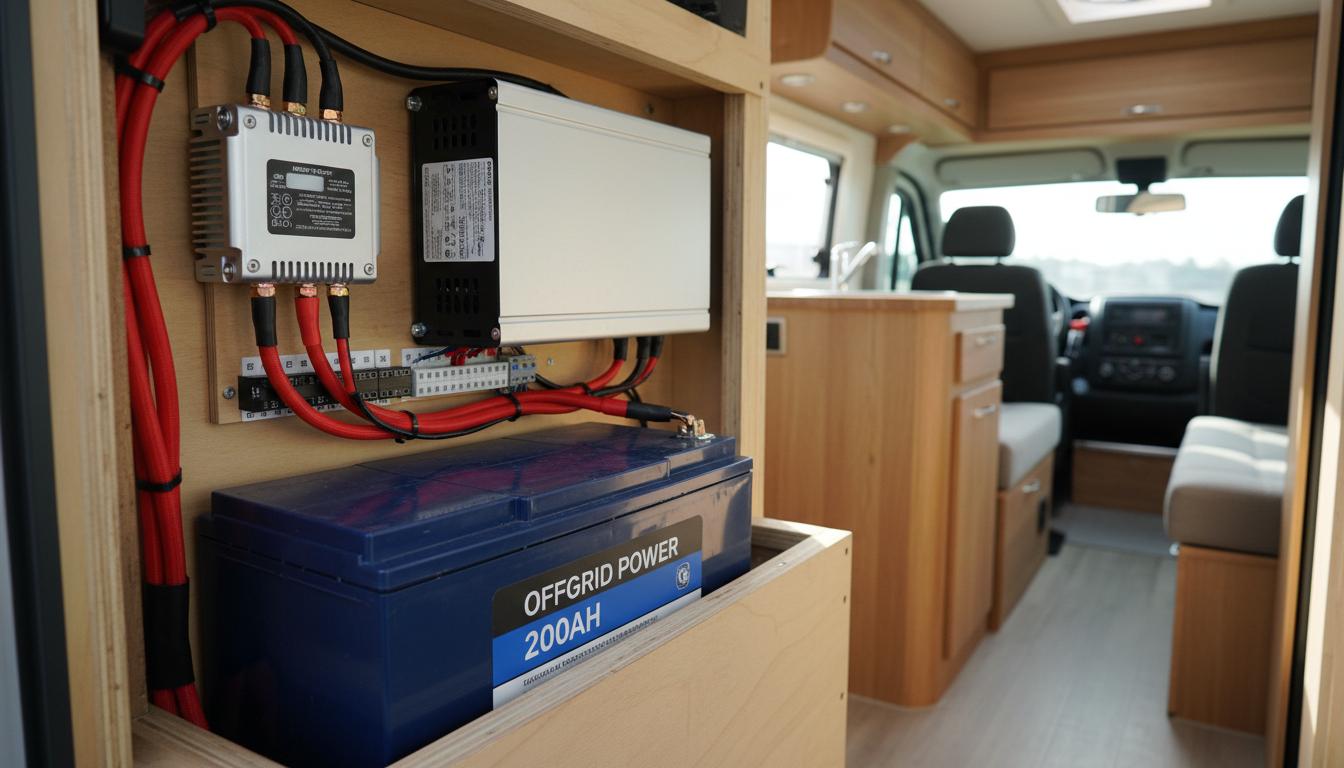 Une batterie LiFePO4 bleue sécurisée dans un coffrage en bois est reliée à un chargeur DC-DC et un onduleur par un câblage soigné dans un fourgon aménagé.