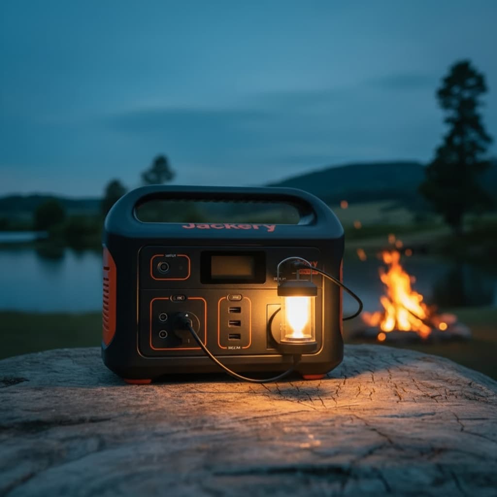 Une station électrique Jackery Explorer orange et noire posée sur une pierre près d'un feu de camp au crépuscule, avec une lampe LED branchée sur le panneau avant.