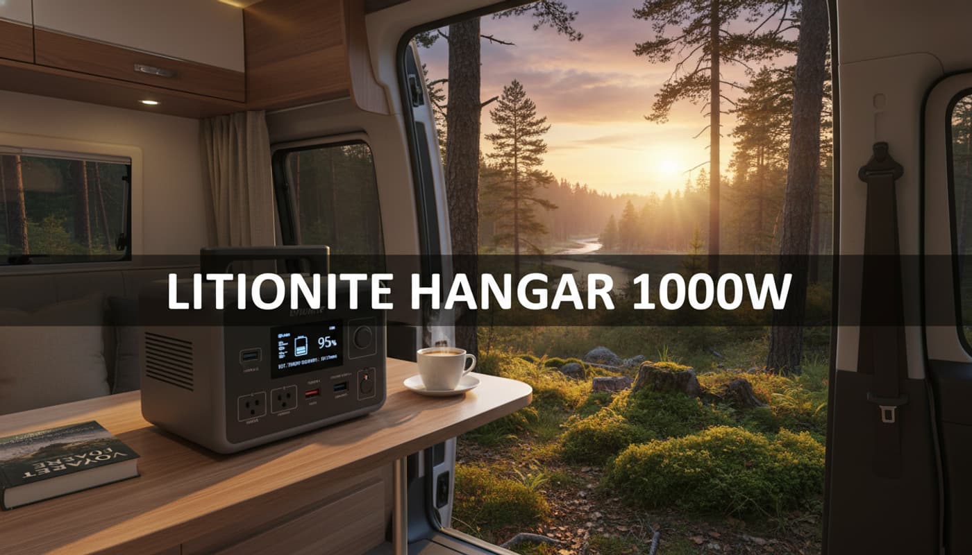 Station électrique portable Litionite Hangar 1000W posée sur une table en bois à l'intérieur d'un van aménagé, avec vue sur une forêt au coucher du soleil par la porte latérale ouverte, écran numérique affichant le niveau de batterie.