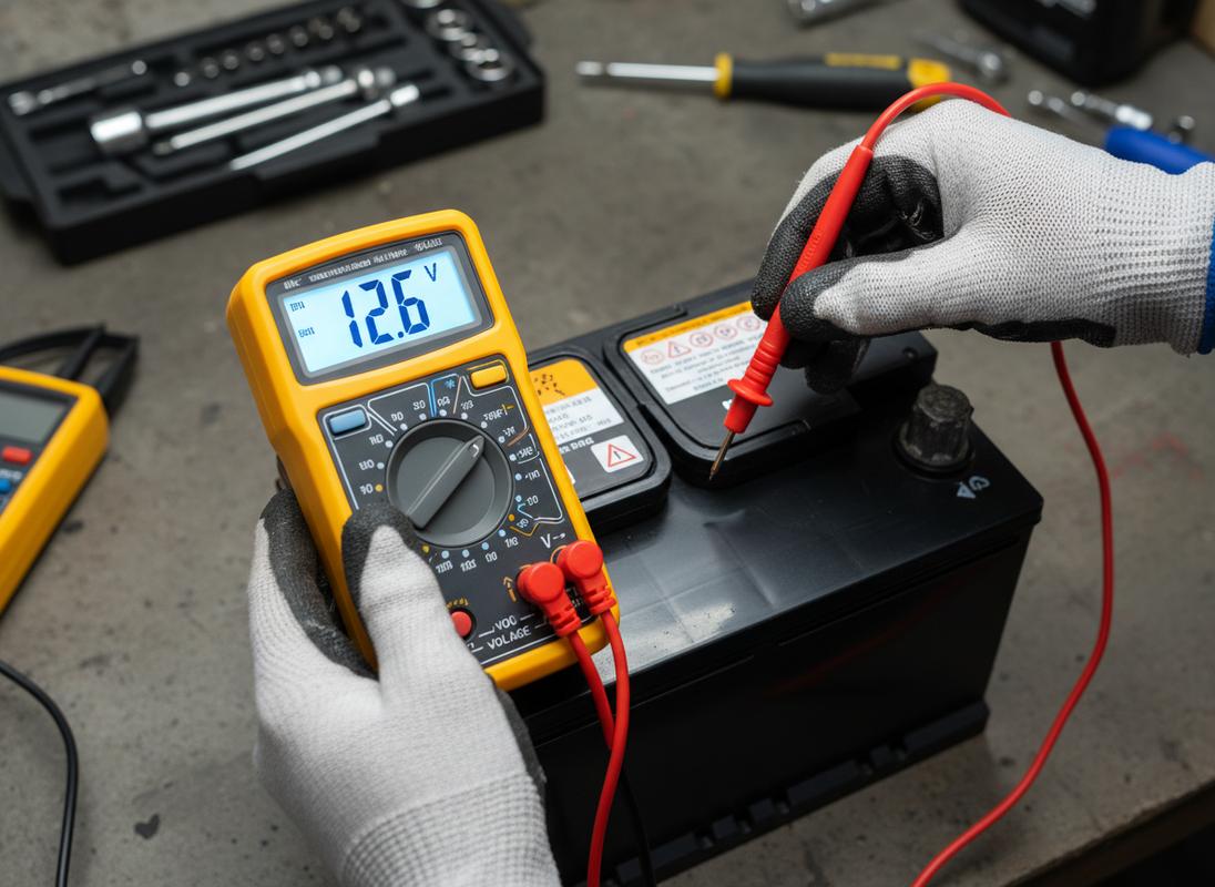 Des mains manipulent un multimètre digital jaune pour mesurer la tension sur les bornes d'une batterie de voiture dans un garage éclairé.
