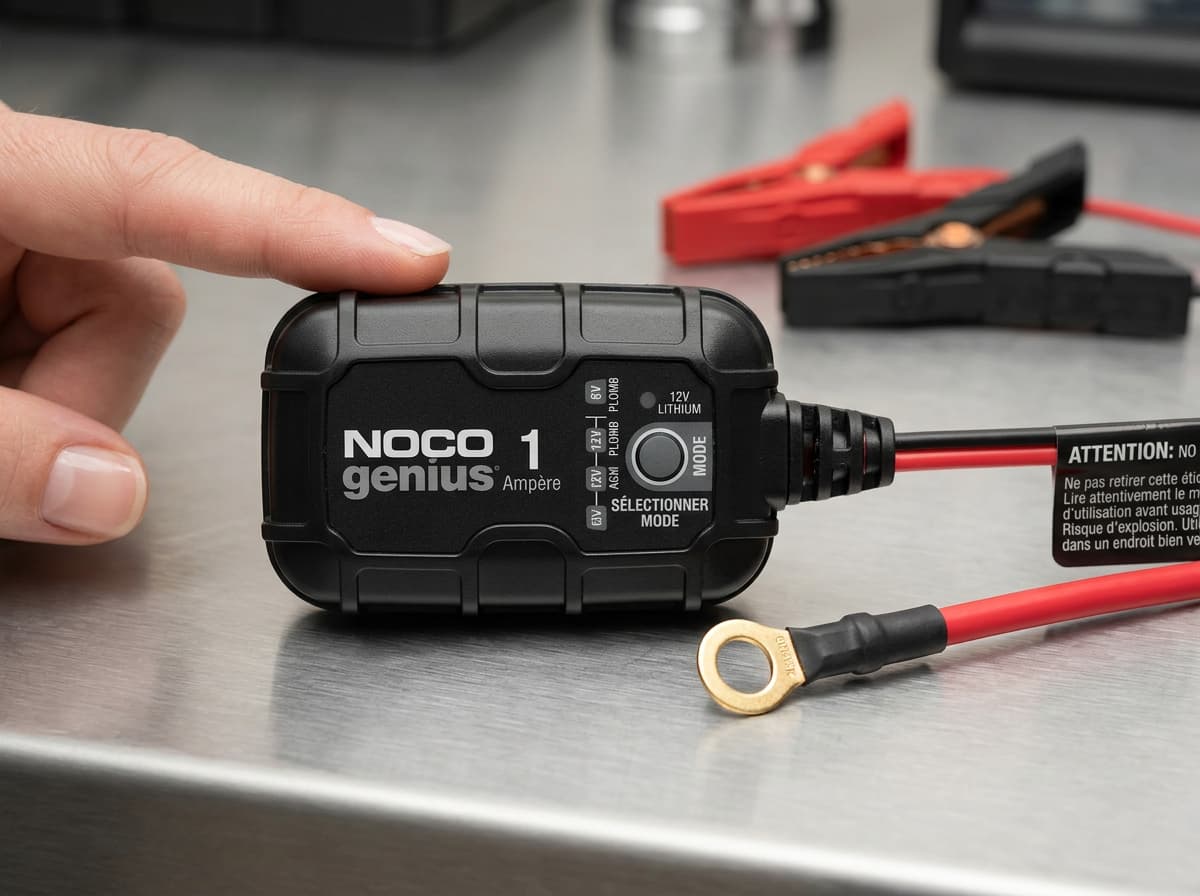 Mainteneur de batterie NOCO Genius 1 noir posé sur un établi à côté d'un câble de batterie de voiture.